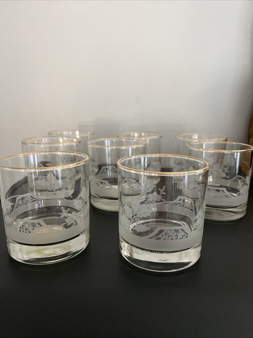 Hallmark Store 1989 Etched Glass Whiskey Glasses Gold Rim Set 4 Christmas Holly
